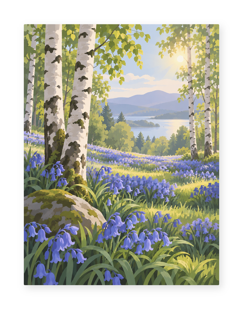 Bluebells among white birch trees overlooking a lake and distant hills - paint by numbers artwork