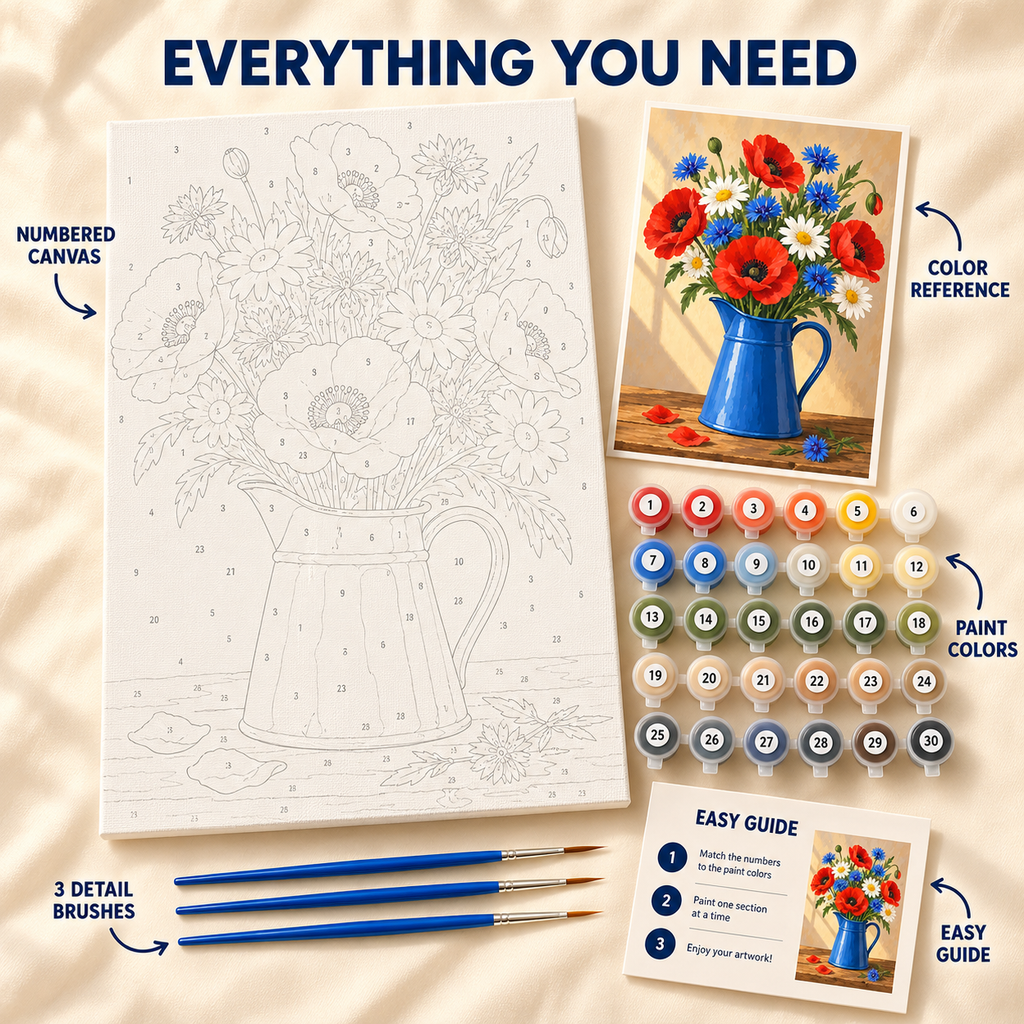 Poppy Meadow Pitcher paint by numbers kit showing numbered canvas, paint pots, three brushes, reference and guide