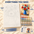 Poppy Meadow Pitcher paint by numbers kit showing numbered canvas, paint pots, three brushes, reference and guide