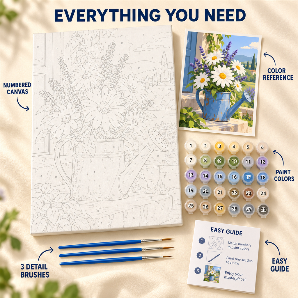 Daisy Watering Can paint by numbers kit showing numbered canvas, paint pots, three brushes, reference and guide