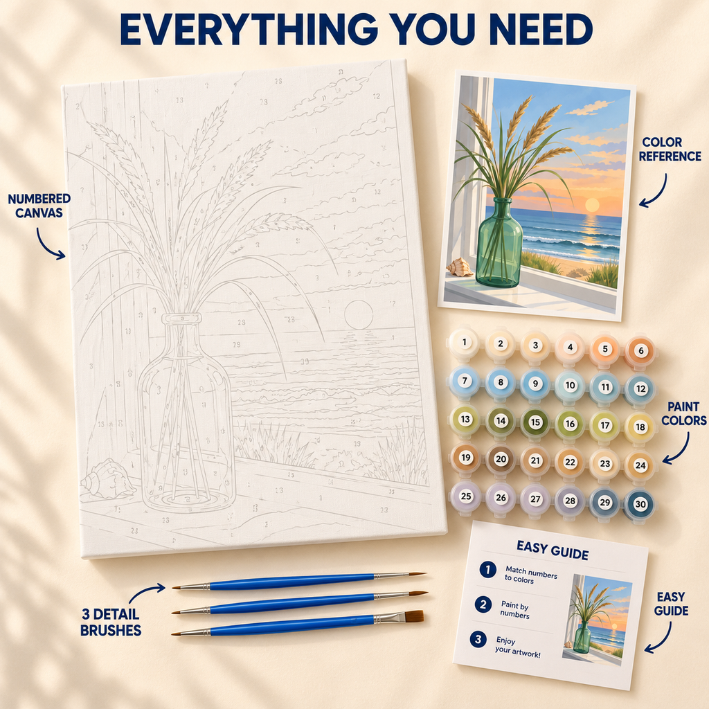 Seaside Grasses paint by numbers kit showing numbered canvas, paint pots, three brushes, reference and guide