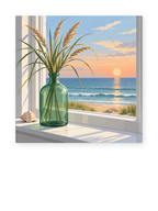 Tall grasses in a green glass bottle on a windowsill overlooking the sea at sunset - paint by numbers artwork