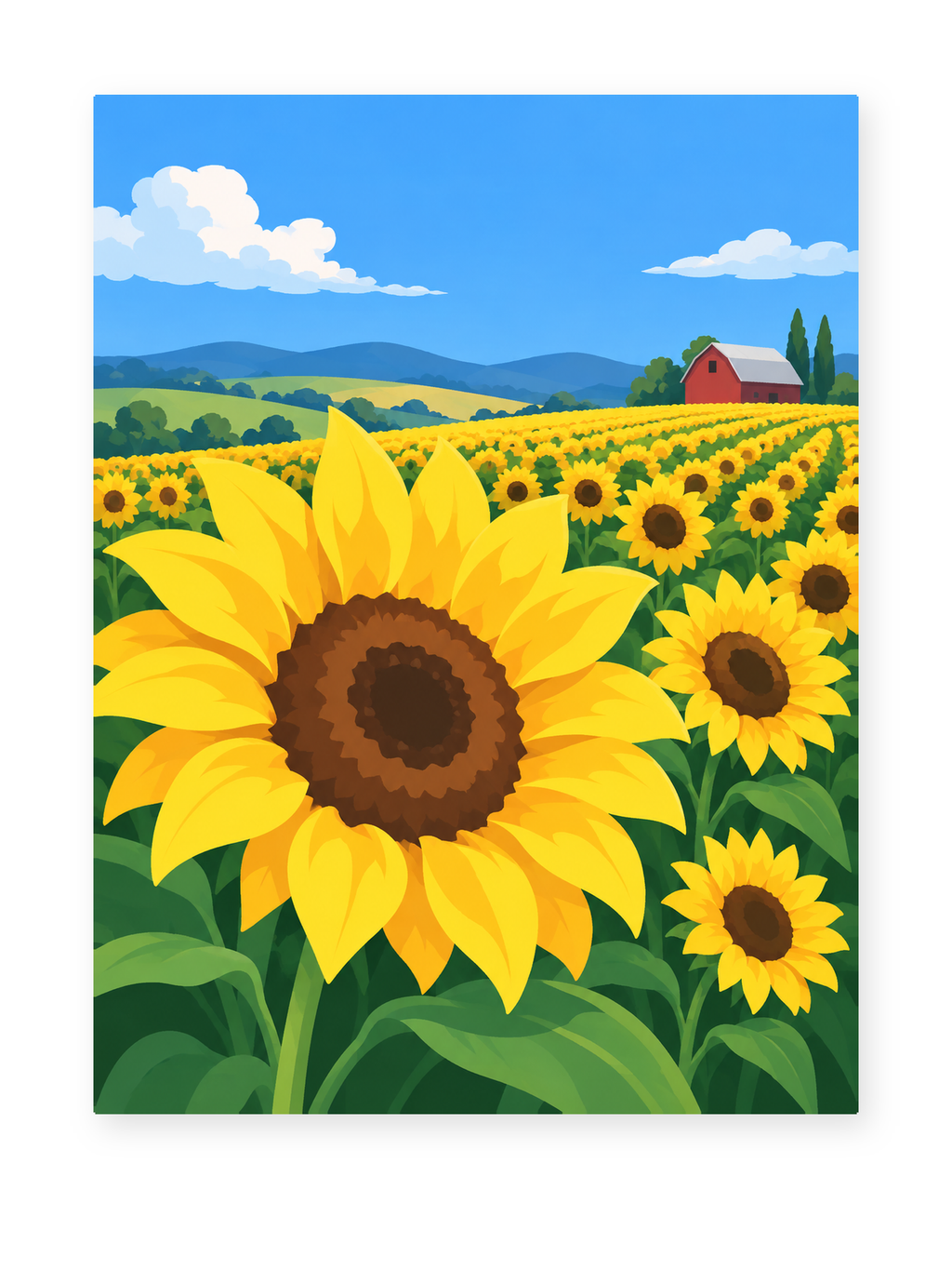 A sunflower field and red barn beneath blue skies and distant hills - paint by numbers artwork