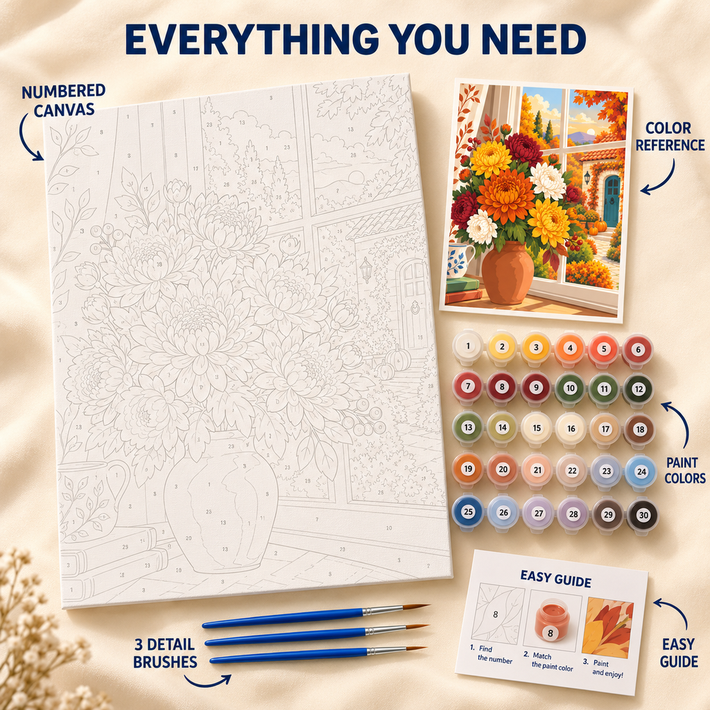 Autumn Window Bouquet paint by numbers kit showing numbered canvas, paint pots, three brushes, reference and guide