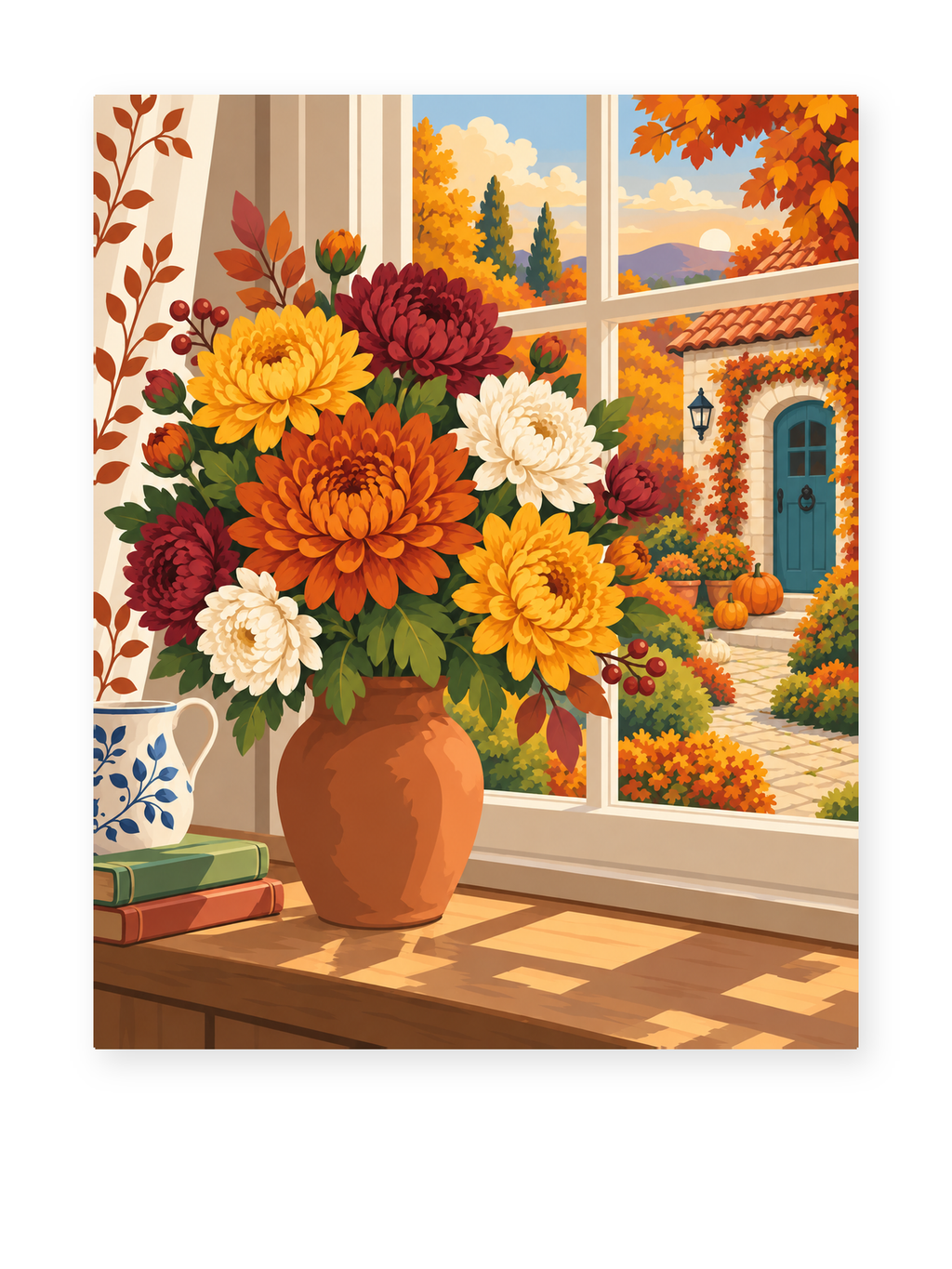 A vase of autumn flowers on a sunlit windowsill overlooking a garden - paint by numbers artwork