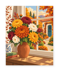 A vase of autumn flowers on a sunlit windowsill overlooking a garden - paint by numbers artwork