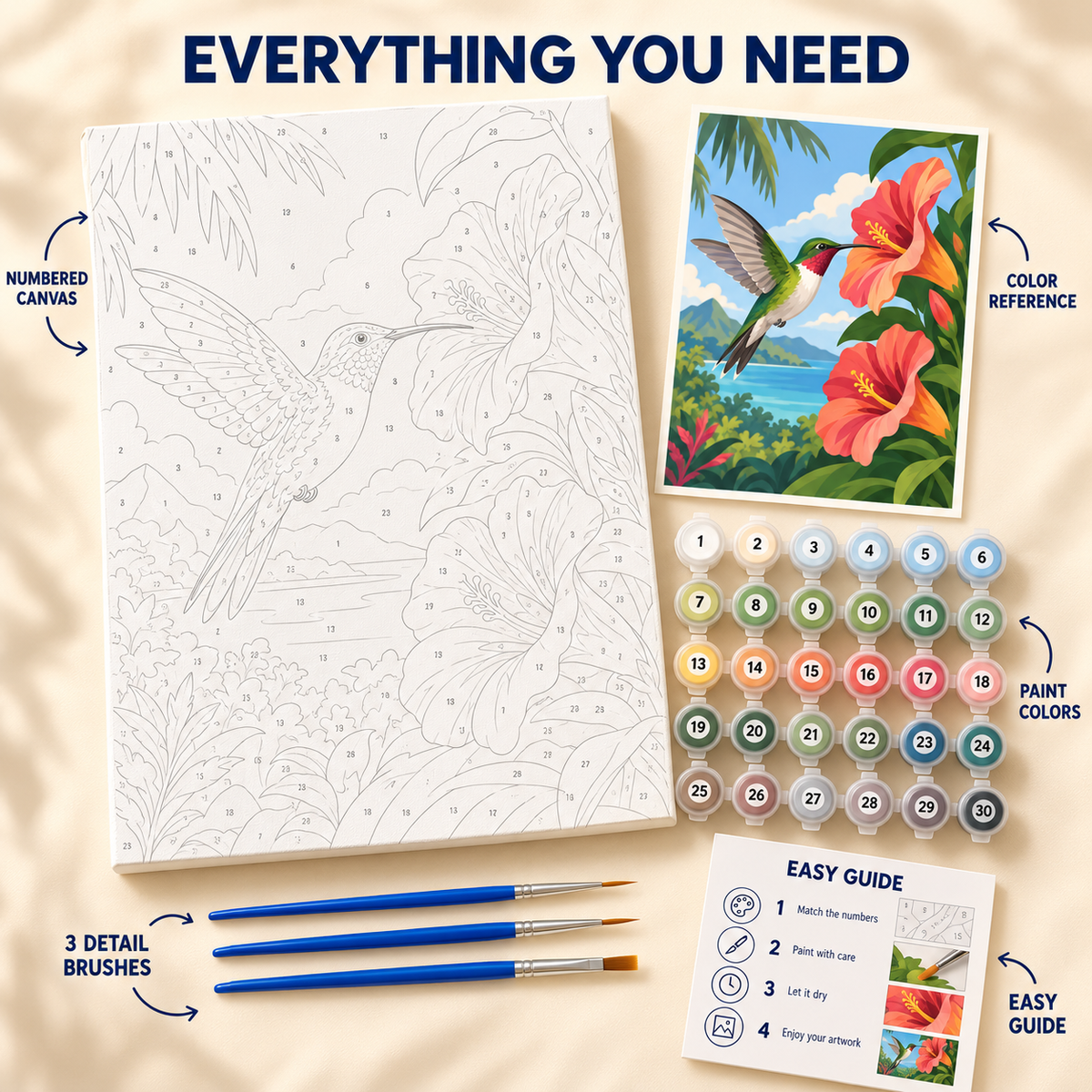 Hummingbird Hibiscus paint by numbers kit showing numbered canvas, paint pots, three brushes, reference and guide