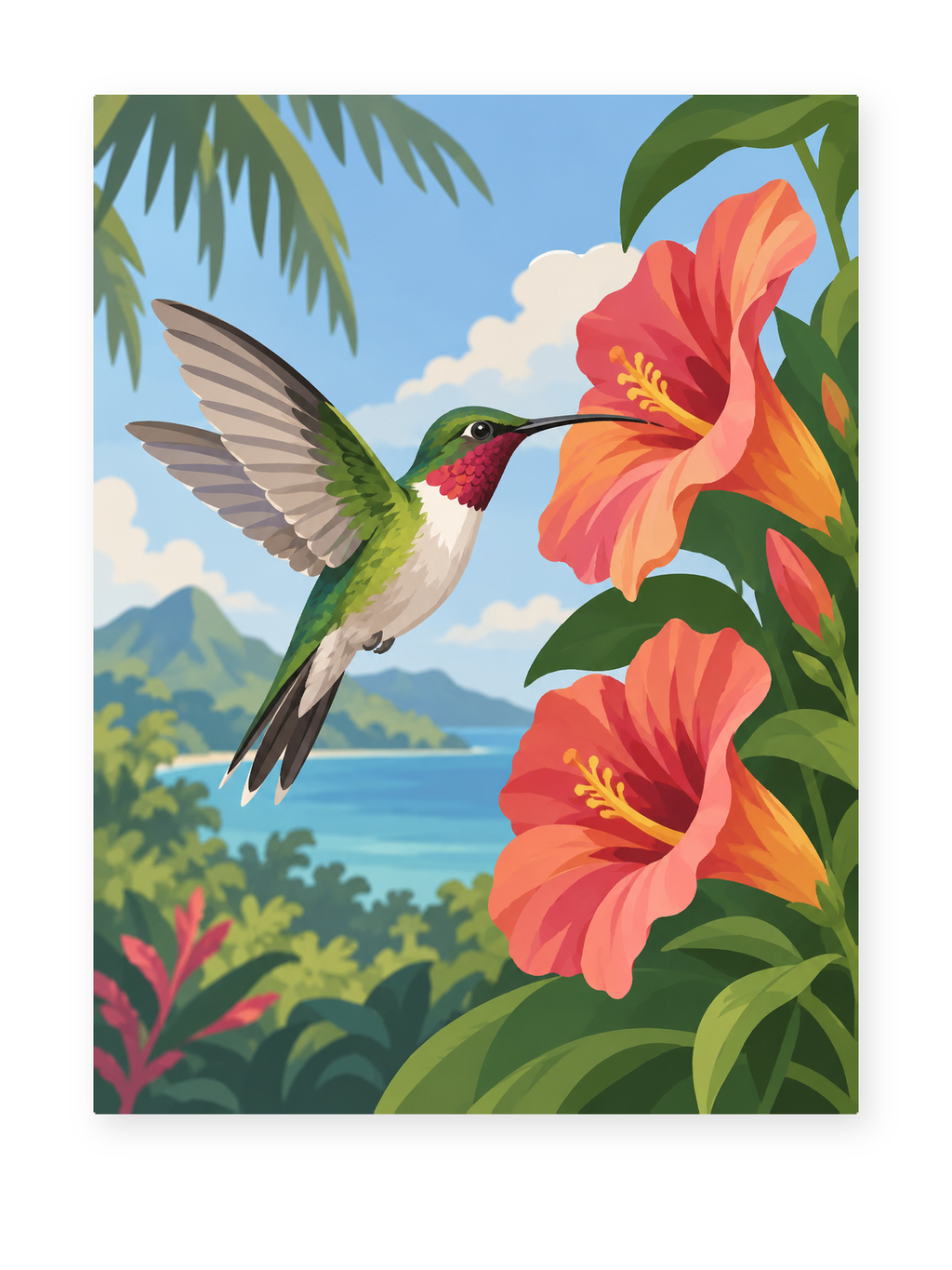 A hummingbird beside coral hibiscus flowers above a tropical coastline - paint by numbers artwork