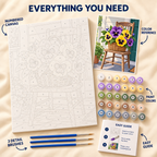 Pansy Basket paint by numbers kit showing numbered canvas, paint pots, three brushes, reference and guide
