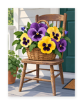 Purple and yellow pansies in a woven basket on a wooden chair - paint by numbers artwork