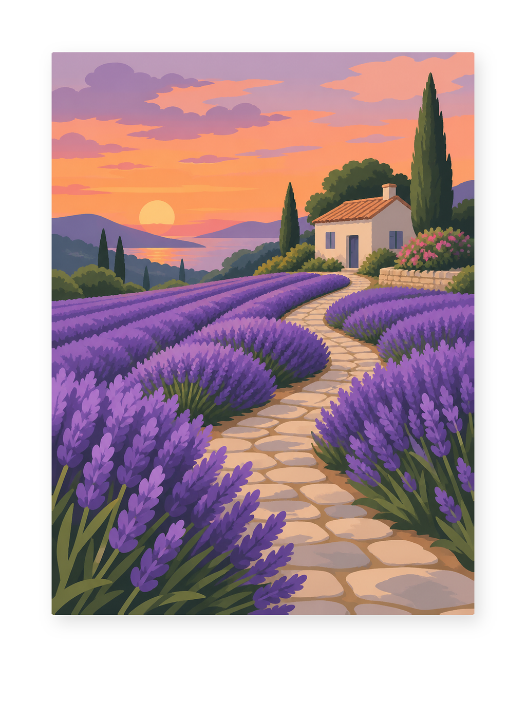 Rows of lavender leading toward a cottage beneath a warm sunset - paint by numbers artwork