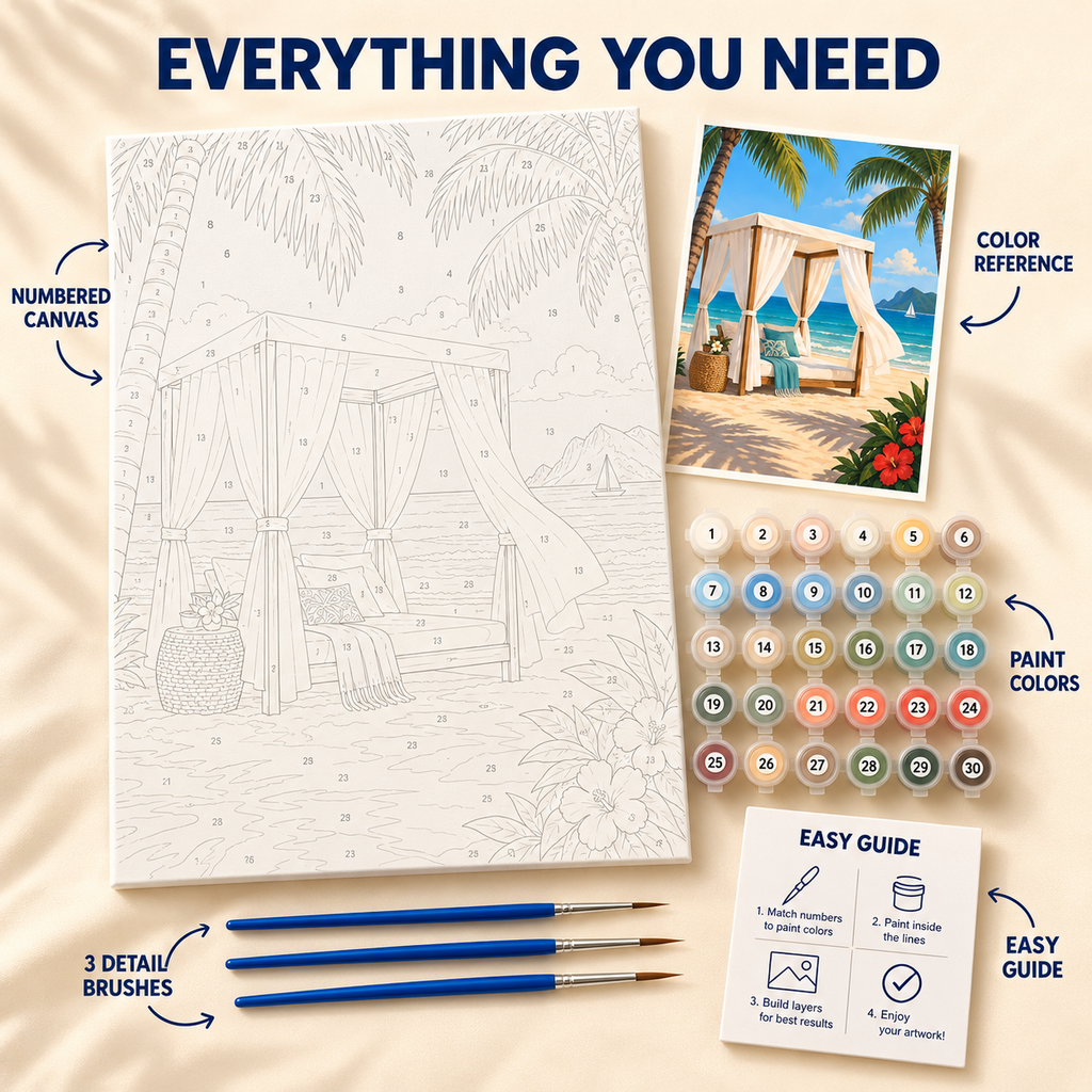 Tropical Beach Cabana paint by numbers kit showing numbered canvas, paint pots, three brushes, reference and guide