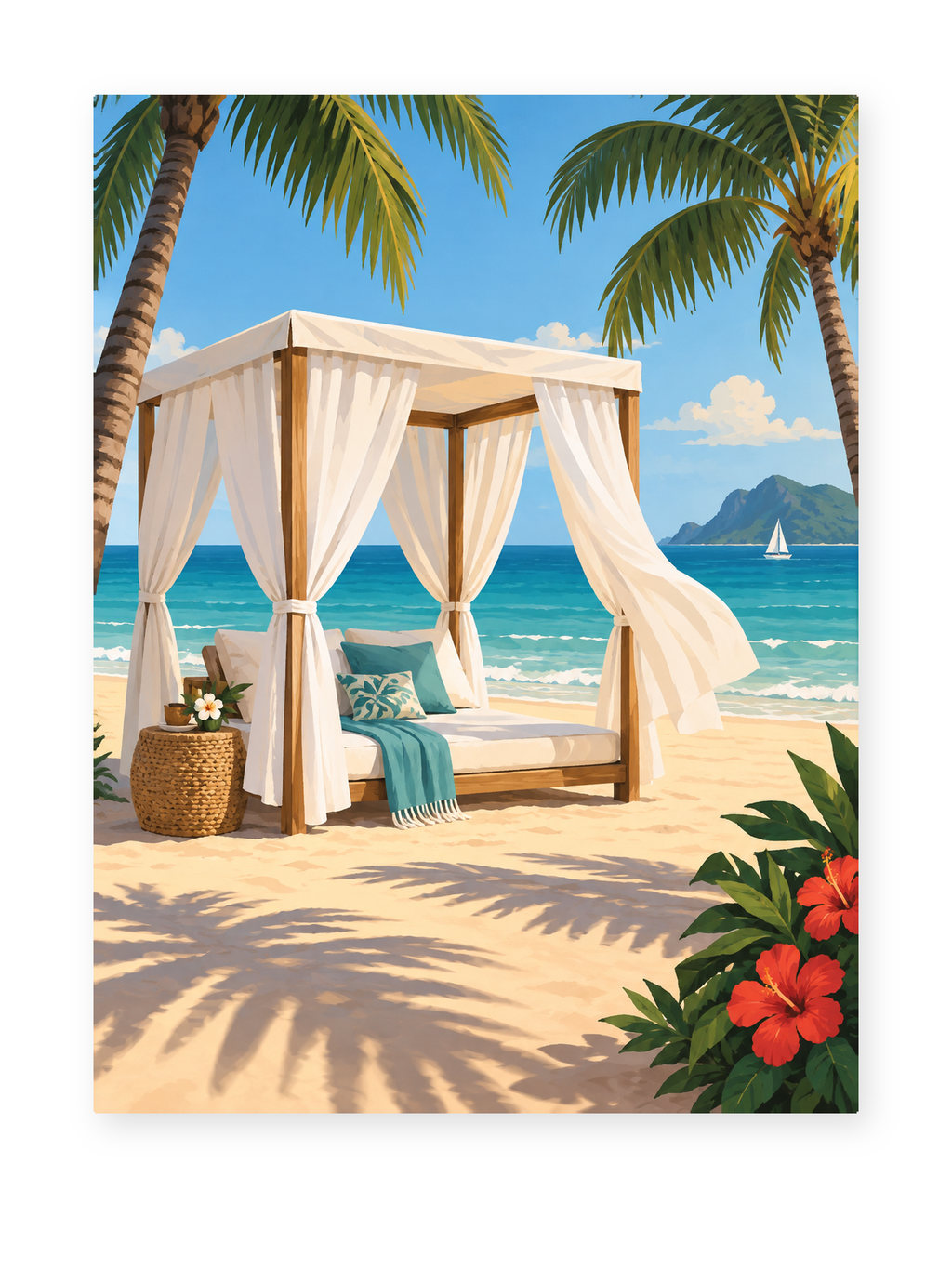 A white beach cabana beneath palms beside turquoise sea - paint by numbers artwork