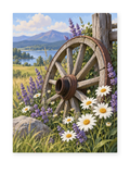 A weathered wagon wheel among daisies and lavender overlooking distant hills - paint by numbers artwork