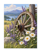 A weathered wagon wheel among daisies and lavender overlooking distant hills - paint by numbers artwork