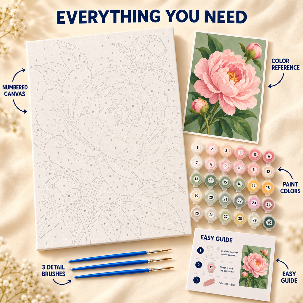 Blushing Peony paint by numbers kit showing numbered canvas, paint pots, three brushes, reference and guide