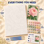 Blushing Peony paint by numbers kit showing numbered canvas, paint pots, three brushes, reference and guide