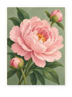 A large pink peony and buds against a muted green background - paint by numbers artwork