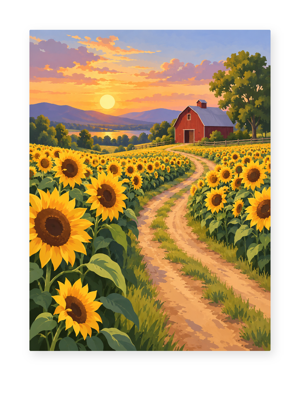 A path through sunflower fields toward a red barn at sunset - paint by numbers artwork