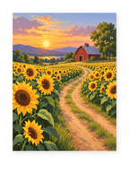 A path through sunflower fields toward a red barn at sunset - paint by numbers artwork