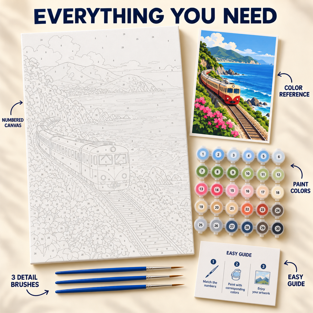 Coastal Train paint by numbers kit showing numbered canvas, paint pots, three brushes, reference and guide