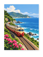 A coastal train beside flower-covered cliffs and deep blue sea - paint by numbers artwork