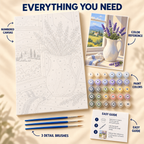 Lavender Window paint by numbers kit showing numbered canvas, paint pots, three brushes, reference and guide