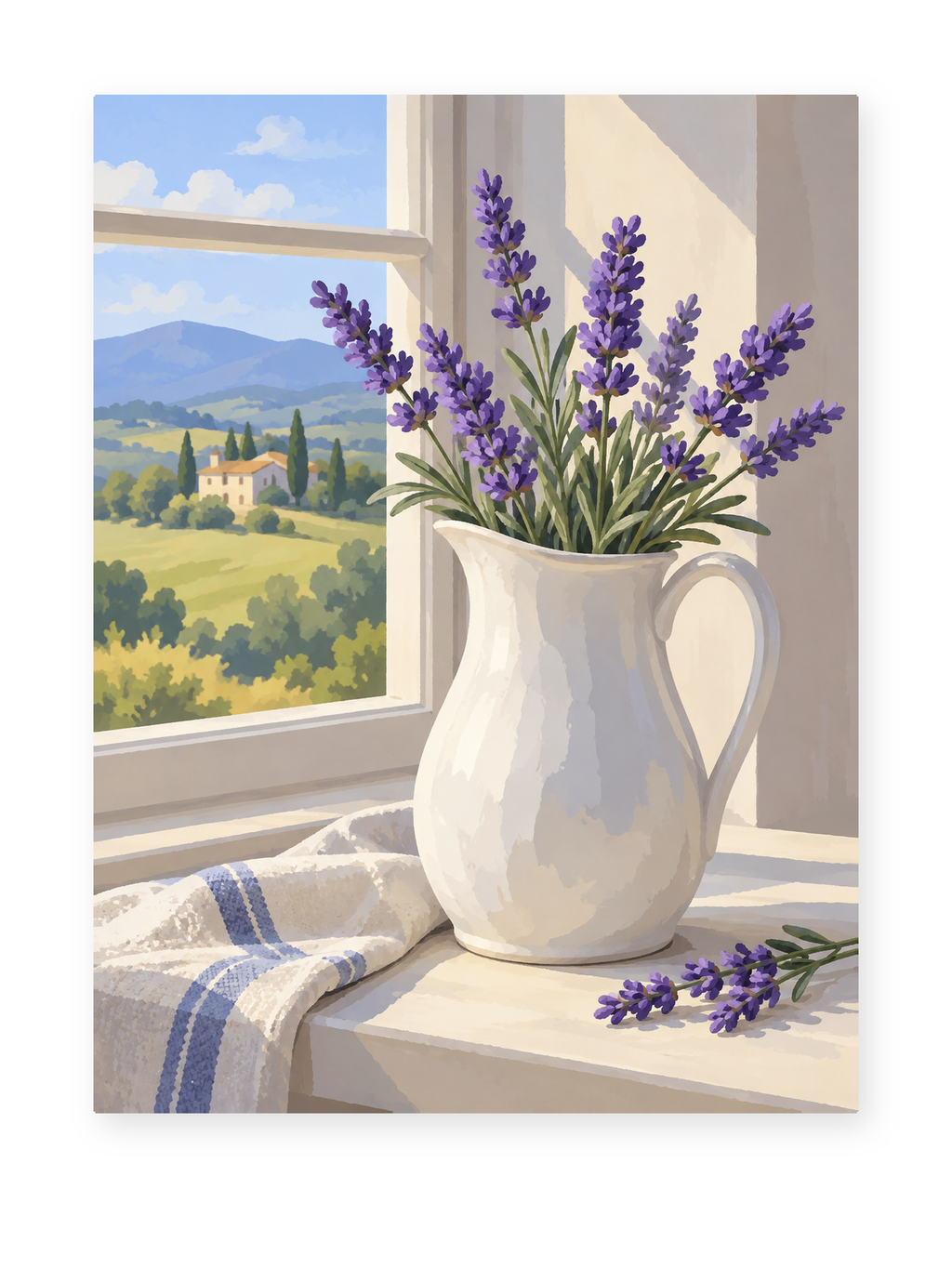 Lavender in a white pitcher on a windowsill overlooking green fields and distant hills - paint by numbers artwork