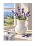 Lavender in a white pitcher on a windowsill overlooking green fields and distant hills - paint by numbers artwork