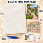 Rose Garden Path paint by numbers kit showing numbered canvas, paint pots, three brushes, reference and guide