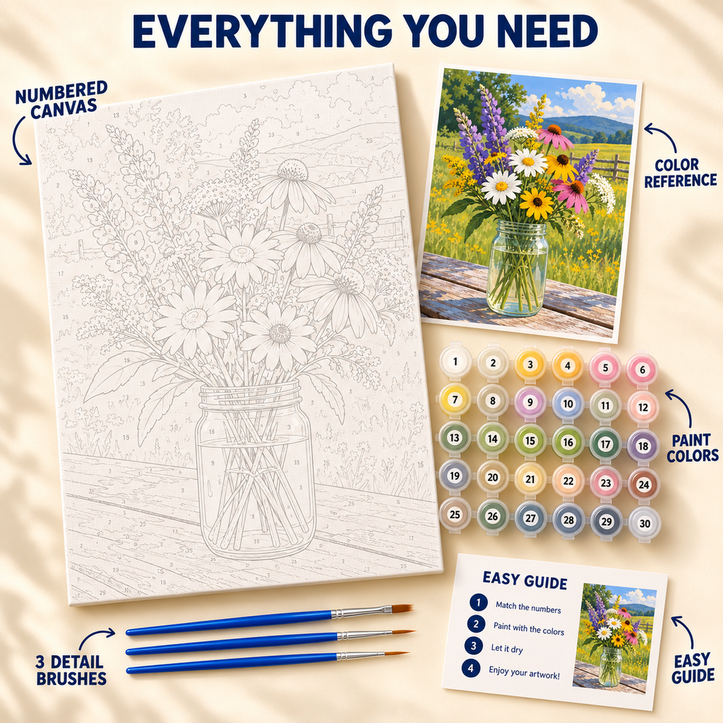 Meadow Jar paint by numbers kit showing numbered canvas, paint pots, three brushes, reference and guide