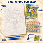 Meadow Jar paint by numbers kit showing numbered canvas, paint pots, three brushes, reference and guide