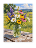 Wildflowers in a glass jar on a wooden table beside a meadow and distant hills - paint by numbers artwork