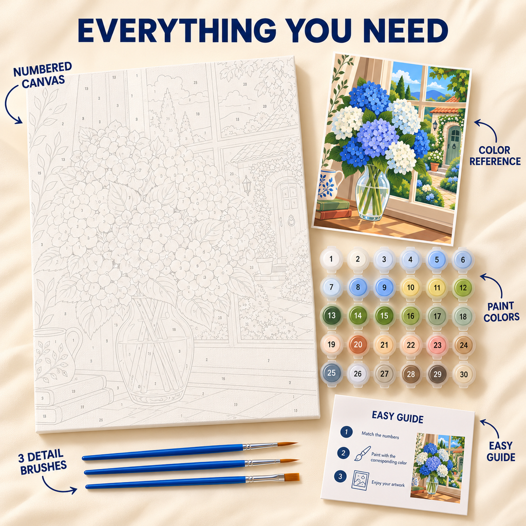 Hydrangea Window paint by numbers kit showing numbered canvas, paint pots, three brushes, reference and guide