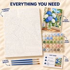Hydrangea Window paint by numbers kit showing numbered canvas, paint pots, three brushes, reference and guide