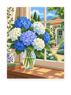 Blue and white hydrangeas in a vase on a windowsill - paint by numbers artwork