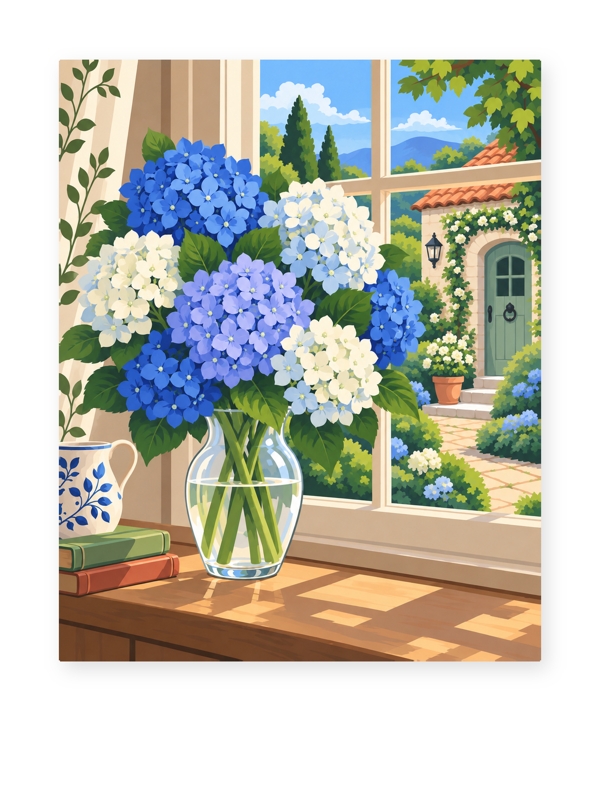 Blue and white hydrangeas in a vase on a windowsill - paint by numbers artwork
