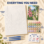 Foxglove Cottage Path paint by numbers kit showing numbered canvas, paint pots, three brushes, reference and guide
