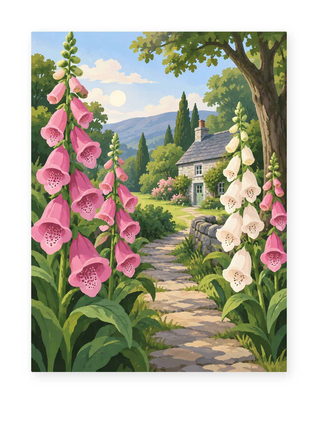 Pink and white foxgloves lining a stone path toward a cottage and distant hills - paint by numbers artwork