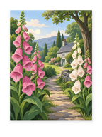 Pink and white foxgloves lining a stone path toward a cottage and distant hills - paint by numbers artwork