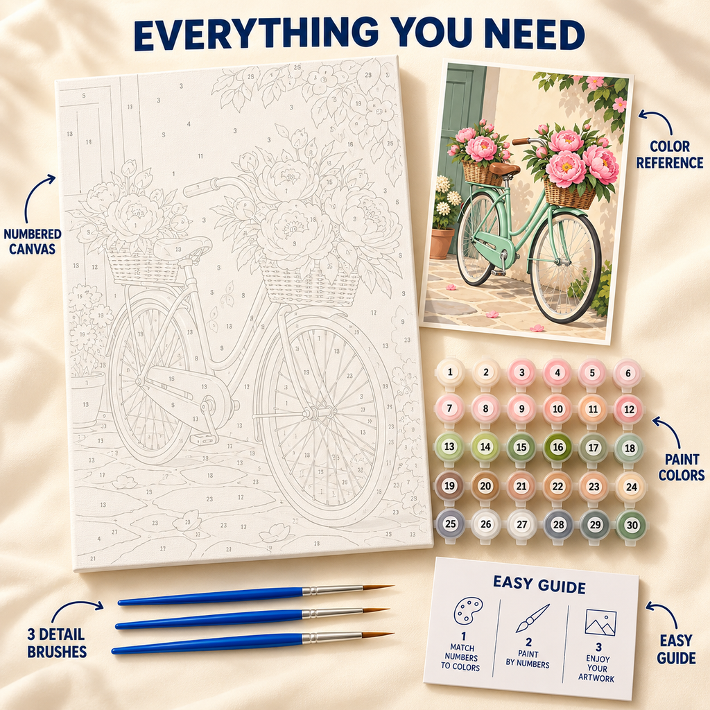 Rose Bicycle paint by numbers kit showing numbered canvas, paint pots, three brushes, reference and guide
