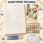 Rose Bicycle paint by numbers kit showing numbered canvas, paint pots, three brushes, reference and guide
