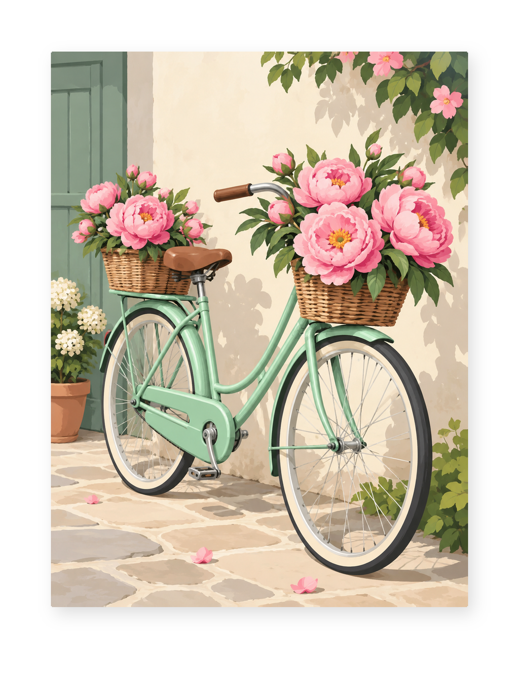 A mint bicycle with baskets of pink roses beside a pastel doorway - paint by numbers artwork