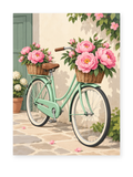 A mint bicycle with baskets of pink roses beside a pastel doorway - paint by numbers artwork