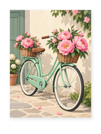 A mint bicycle with baskets of pink roses beside a pastel doorway - paint by numbers artwork