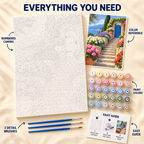 Blue Garden Door paint by numbers kit showing numbered canvas, paint pots, three brushes, reference and guide