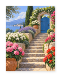 Stone steps and colorful flowers leading to a blue garden door above blue coastal water - paint by numbers artwork