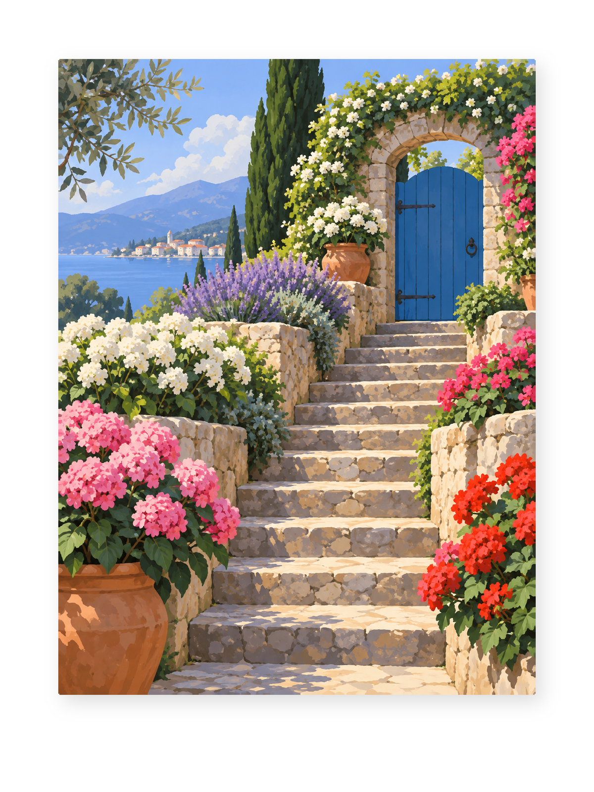 Stone steps and colorful flowers leading to a blue garden door above blue coastal water - paint by numbers artwork