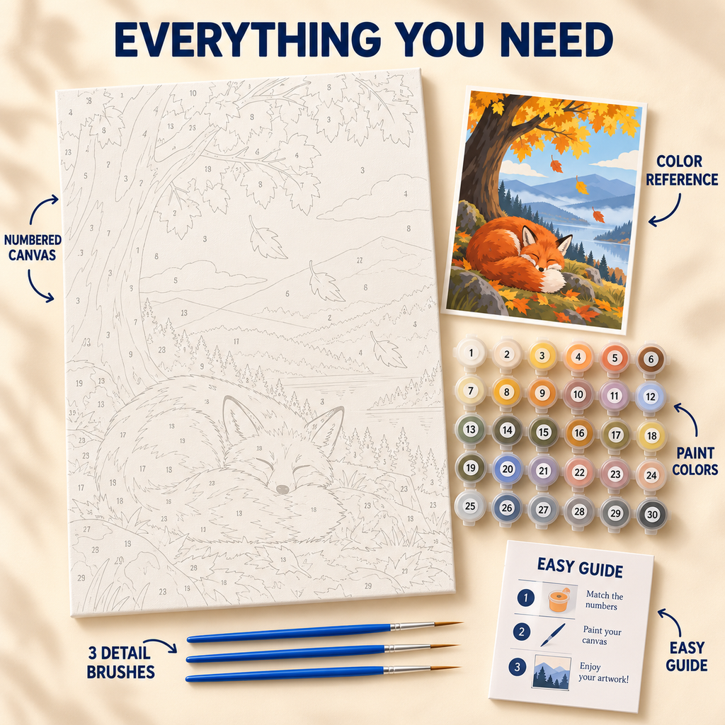 Sleeping Autumn Fox paint by numbers kit showing numbered canvas, paint pots, three brushes, reference and guide