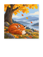 A sleeping fox beneath an autumn tree overlooking a lake and distant mountains - paint by numbers artwork
